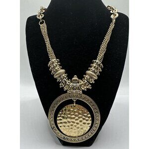 Chico's Gold Tone Hammered Disc Pendant Statement Bead Necklace Multi-Strand Big
